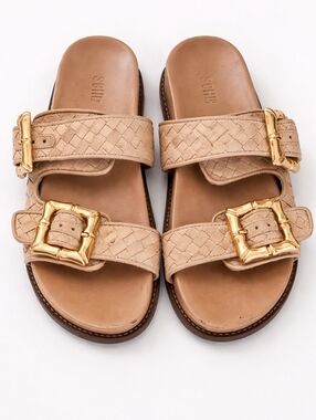 Schutz Woven Leather Slide Sandals Tan Gold Buckle Double Strap Size 8.5B Brazil